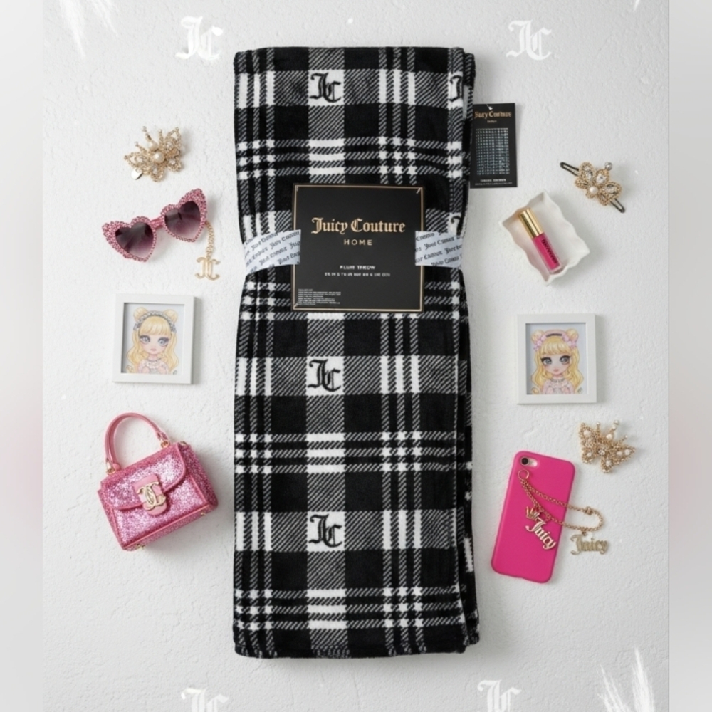 Juicy Couture Black and White Plaid Throw 50 in x 70 in NWT